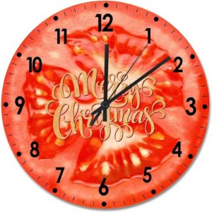 Merry Christmas Wood Wall Clock Fruit Merry Christmas Round Wall Clock Silent Non-Ticking 10x10in Wooden Clocks Decor For Living Room Bedro
