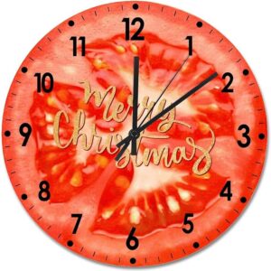 Merry Christmas Wood Wall Clock Fruit Merry Christmas Round Wall Clock Silent Non-Ticking 12x12in Wooden Clocks Decor Bedroom Office Living