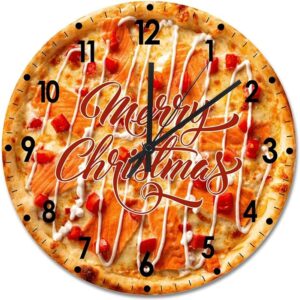 Merry Christmas Wood Wall Clock Pizza Merry Christmas Round Wall Clock Silent Non-Ticking 10x10in Wooden Clocks Home Decor Art For Living R