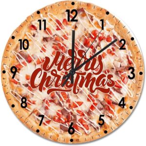 Merry Christmas Wood Wall Clock Pizza Merry Christmas Round Wall Clock Silent Non-Ticking 15x15in Wooden Clocks For Living Room Bedroom Kit