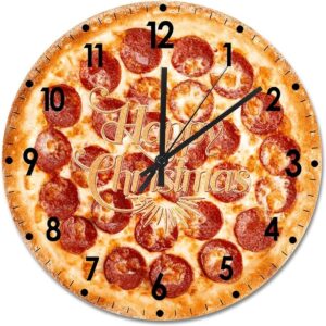 Merry Christmas Wood Wall Clock Pizza Merry Christmas Round Wall Clock Silent Non-Ticking 15x15in Wooden Clocks Home Decor Art For Living R
