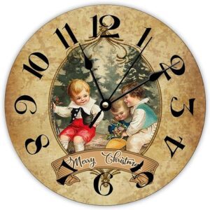 Merry Christmas Wooden Wall Clock Victorian Style Country Rustic Style Round Large Wall Clocks Non Ticking Battery Operated Christmas Wall Decorations