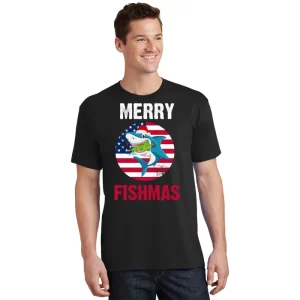 Merry Fishmas Shark America Christmas T Shirt 1