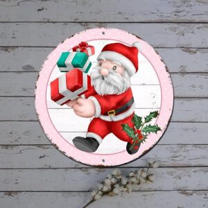 Metal Merry Christmas Sign Vintage Santa Clause Pink Circle Wood Grain Round Metal Tin Sign Christmas Hanging Decor Retro Plaque Metal Signs For Livin