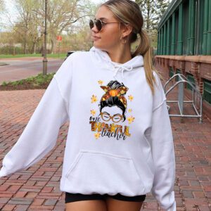 One Thankful Teacher Funny Messy Bun Fall Thanksgiving Women Hoodie 2