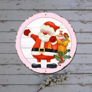 Outdoor Merry Christmas Sign Vintage Santa Clause Pink Circle Wood Grain Round Metal Tin Sign Wall Decor Christmas Rustic Metal Wreath Sign For Courty