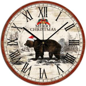 Quartz Round Wall Clocks Merry Christmas Bear Wall Clocks Kitchen Christmas Bear PVC Clock For Farmhouse Vintage Silent Wall Clock Non Ticking