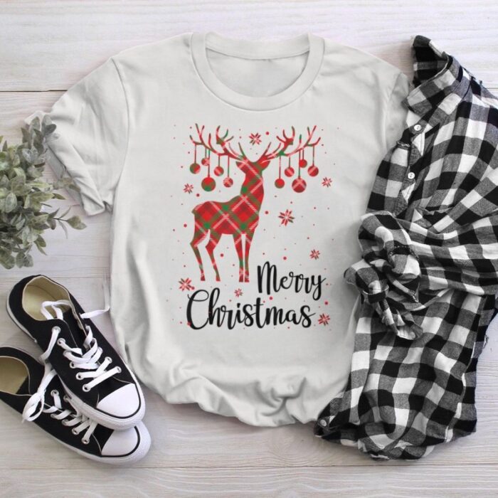Reindeer Deer Plaid Merry Christmas T-Shirt