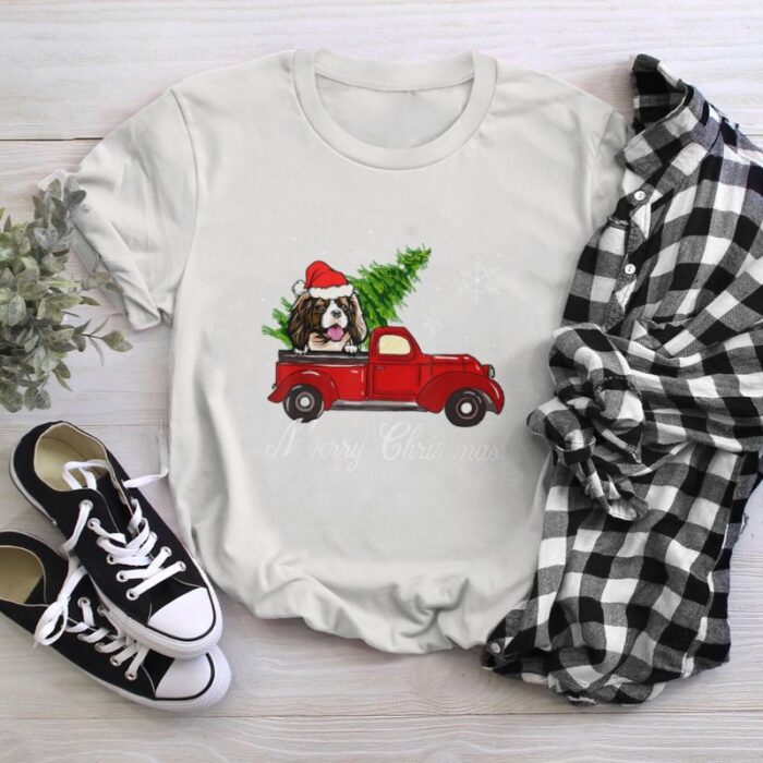 Spaniel Dog Riding Red Truck Merry Christmas T-Shirt