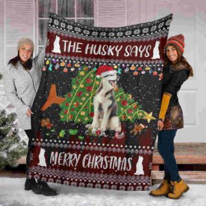 The Husky Says Merry Christmas Fleece Blanket