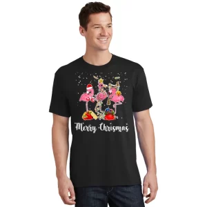 Three Flamingos Merry Christmas T Shirt 1
