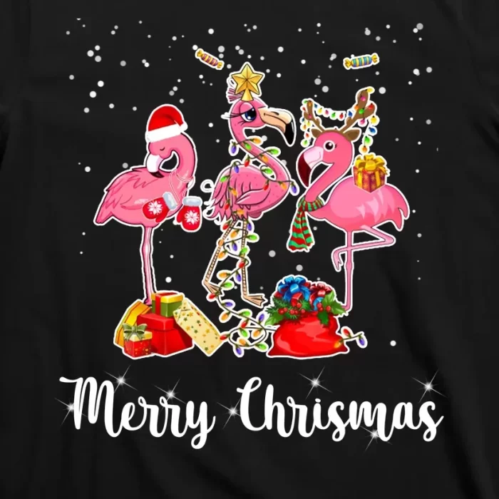 Three Flamingos Merry Christmas T Shirt 3
