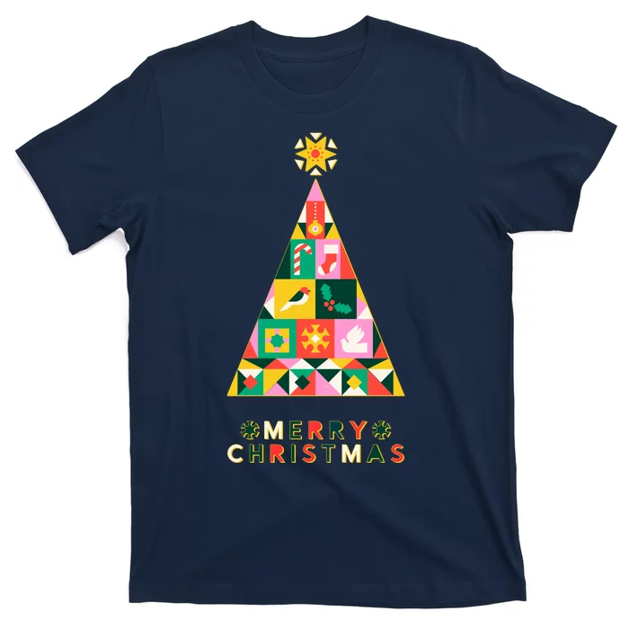 Vintage Merry Christmas Pattern Tree T-Shirt