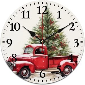 Wall Clock Vintage Red Truck With Christmas Tree Round Wooden Battery Operated Silent Non-Ticking Merry Christmas Wooden Wall Clocks 16 Inch