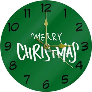 White Merry Christmas On Green Decorative Round Wall Clock 9.85 Inch Silent Clock For Living Room Kitchen Bedroom
