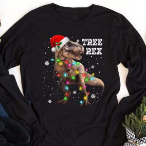 Dinosaur Christmas Tree Rex Pajamas Men Boys Xmas Lights Longsleeve Tee 1 1