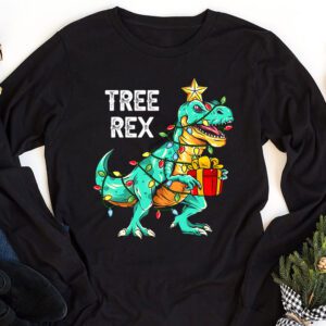 Dinosaur Christmas Tree Rex Pajamas Men Boys Xmas Lights Longsleeve Tee 1 2