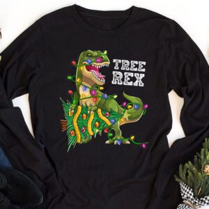 Dinosaur Christmas Tree Rex Pajamas Men Boys Xmas Lights Longsleeve Tee 1