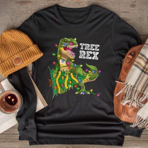 Dinosaur Christmas Tree Rex Pajamas Men Boys Xmas Lights Longsleeve Tee