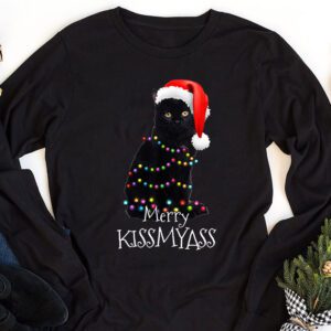 Funny Black Cat Merry Kissmyass Xmas Chritsmas Longsleeve Tee 1 2