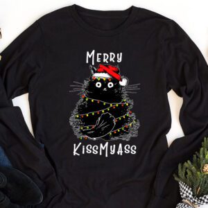 Funny Black Cat Merry Kissmyass Xmas Chritsmas Longsleeve Tee 1 4