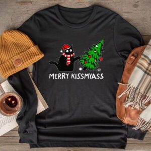 Funny Black Cat Merry Kissmyass Xmas Chritsmas Longsleeve Tee