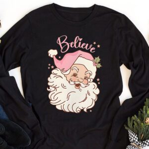 Groovy Vintage Pink Santa Claus Believe Christmas Women Kids Longsleeve Tee 1 2