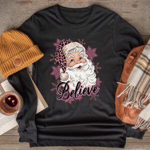 Groovy Vintage Pink Santa Claus Believe Christmas Women Kids Longsleeve Tee