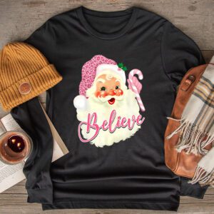 Groovy Vintage Pink Santa Claus Believe Christmas Women Kids Longsleeve Tee