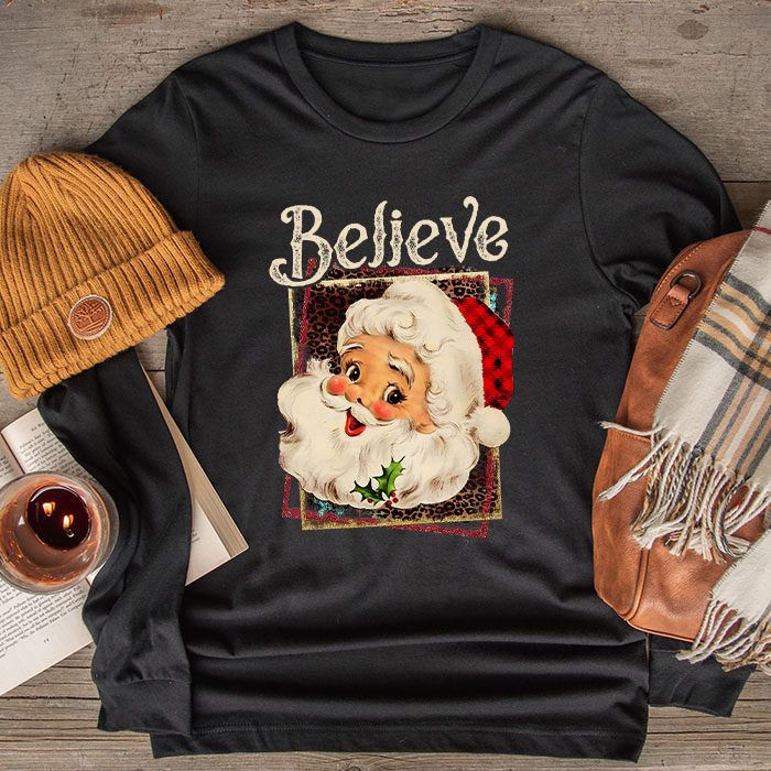 Groovy Vintage Pink Santa Claus Believe Christmas Women Kids Longsleeve Tee