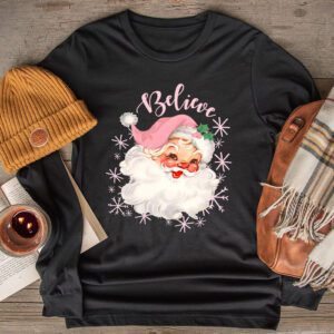 Groovy Vintage Pink Santa Claus Believe Christmas Women Kids Longsleeve Tee
