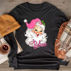 Groovy Vintage Pink Santa Claus Believe Christmas Women Kids Longsleeve Tee