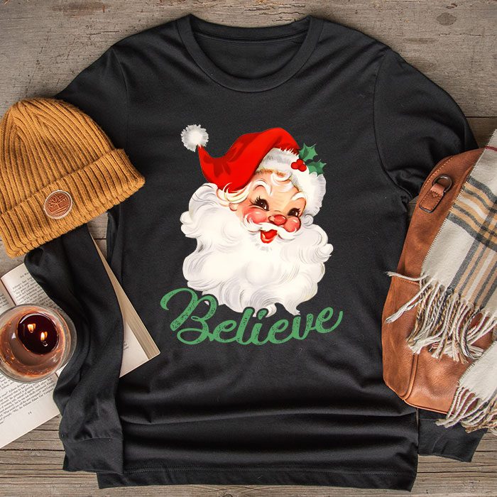 Groovy Vintage Pink Santa Claus Believe Christmas Women Kids Longsleeve Tee