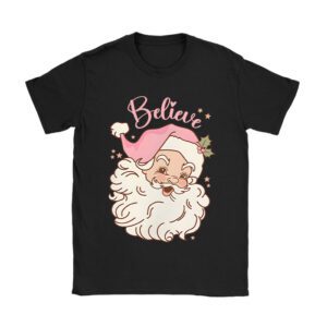 Groovy Vintage Pink Santa Claus Believe Christmas Women Kids T-Shirt