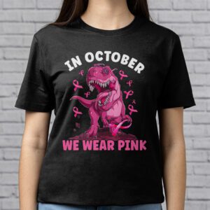 In October We Wear Pink Dinosaur Trex Breast Cancer Kids T Shirt 2