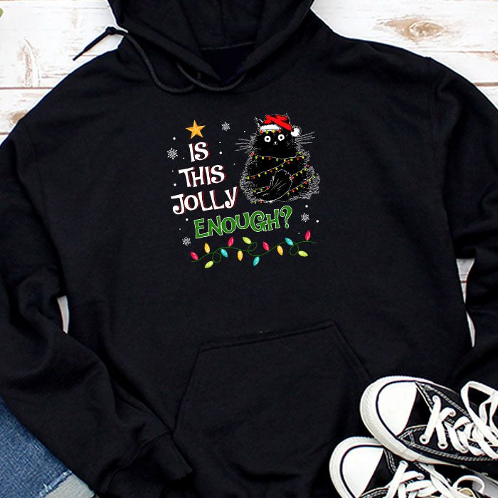 Is This Jolly Enough Black Cat Merry Christmas Tree Lights Hoodie