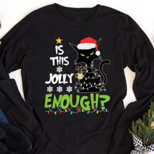 Is This Jolly Enough Black Cat Merry Christmas Tree Lights Longsleeve Tee 1 2