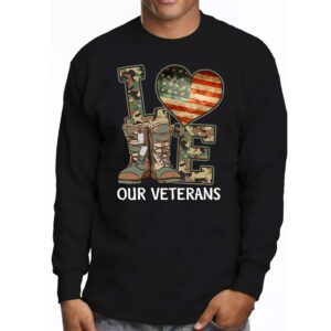 Love Our Veterans Heart USA Flag Camouflage Army Boots Proud Longsleeve Tee 3