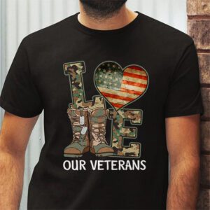 Love Our Veterans Heart USA Flag Camouflage Army Boots Proud T Shirt 2