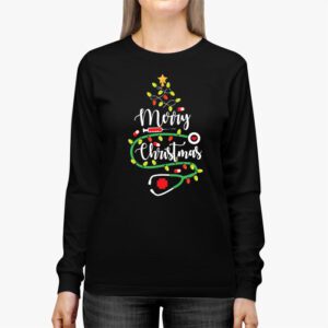 Merry Christmas Nurse Xmas Scrub Top Women Stethoscope Longsleeve Tee 2 5