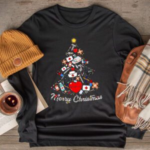 Merry Christmas Nurse Xmas Scrub Top Women Stethoscope Longsleeve Tee