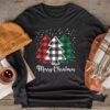 Merry Christmas Tree Xmas Buffalo Plaid Red White Green Longsleeve Tee