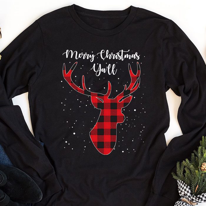 Merry Christmas Yall Reindeer Santa Hat Buffalo Red Plaid Longsleeve Tee 1