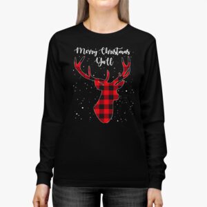 Merry Christmas Yall Reindeer Santa Hat Buffalo Red Plaid Longsleeve Tee 2