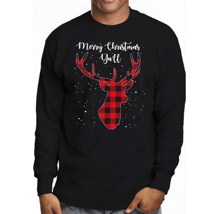 Merry Christmas Yall Reindeer Santa Hat Buffalo Red Plaid Longsleeve Tee 3