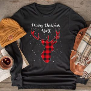 Merry Christmas Ya’ll Reindeer Santa Hat Buffalo Red Plaid Longsleeve Tee
