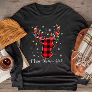 Merry Christmas Ya'll Reindeer Santa Hat Buffalo Red Plaid Longsleeve Tee