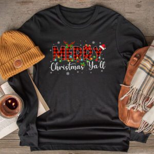 Merry Christmas Ya’ll Reindeer Santa Hat Buffalo Red Plaid Longsleeve Tee