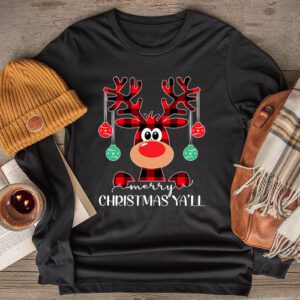 Merry Christmas Ya’ll Reindeer Santa Hat Buffalo Red Plaid Longsleeve Tee