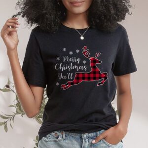 Merry Christmas Yall Reindeer Santa Hat Buffalo Red Plaid T Shirt 1 2